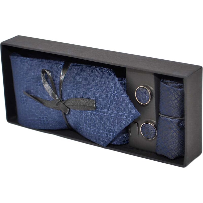 Malu Shoes Set cravatta pochette e gemelli in cotone blu con dettagli tono su tono confezione regalo per professionisti