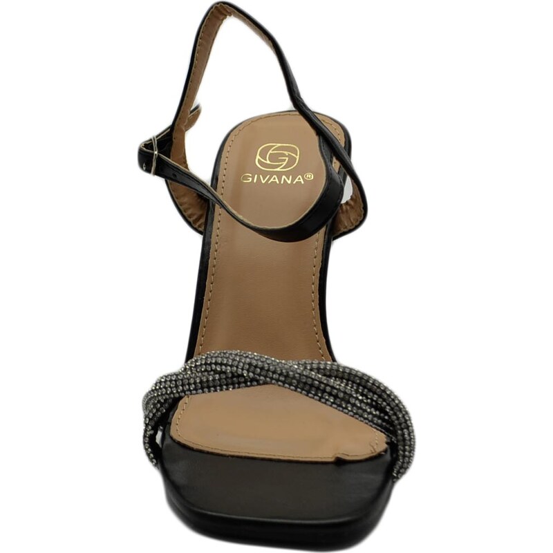 Malu Shoes Sandalo donna gioiello nero con strass tacco trasparente largo 10 cm cerimonia cinturino alla caviglia