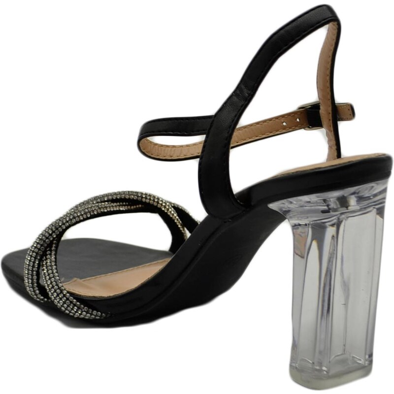 Malu Shoes Sandalo donna gioiello nero con strass tacco trasparente largo 10 cm cerimonia cinturino alla caviglia