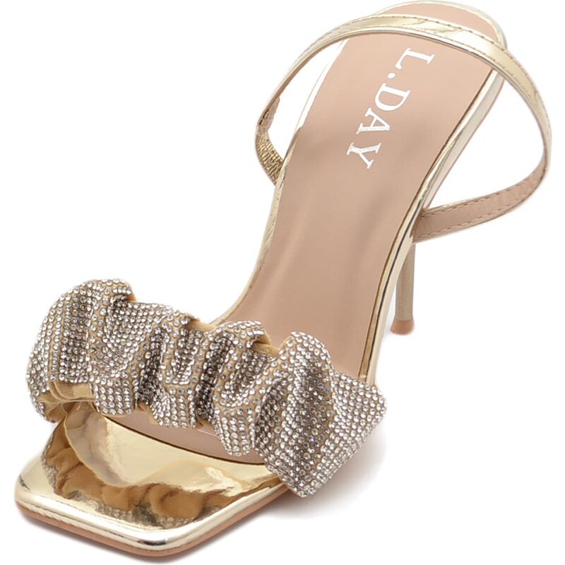 Malu Shoes Sandalo gioiello oro lucido donna tacco 10 fascia arricciata di strass luccicanti cerimonia evento cinturino frontale