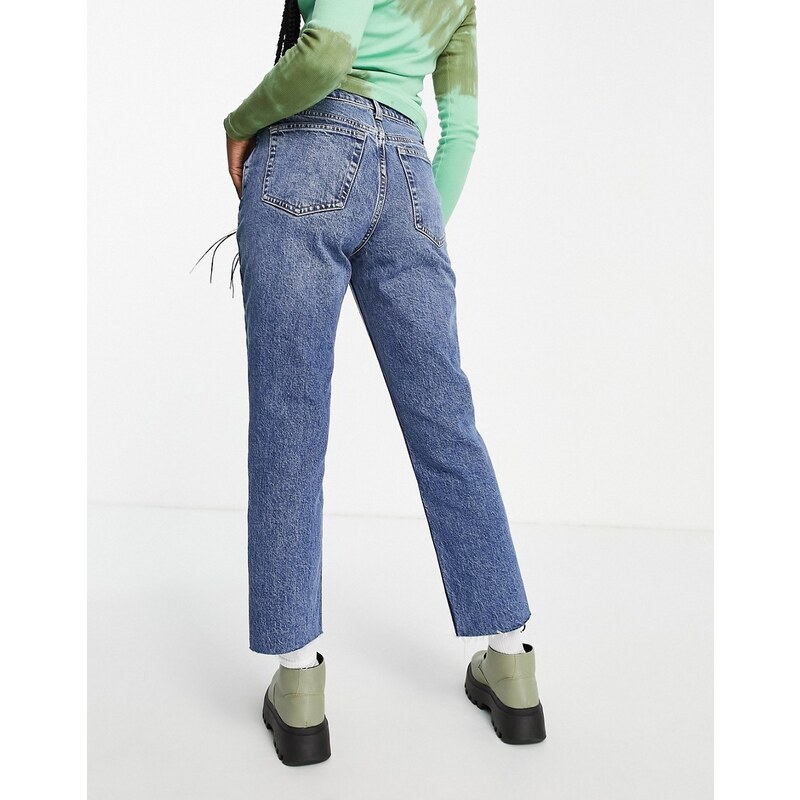 Topshop - Easy - Jeans dritti cropped a vita medio alta blu medio con bordi grezzi