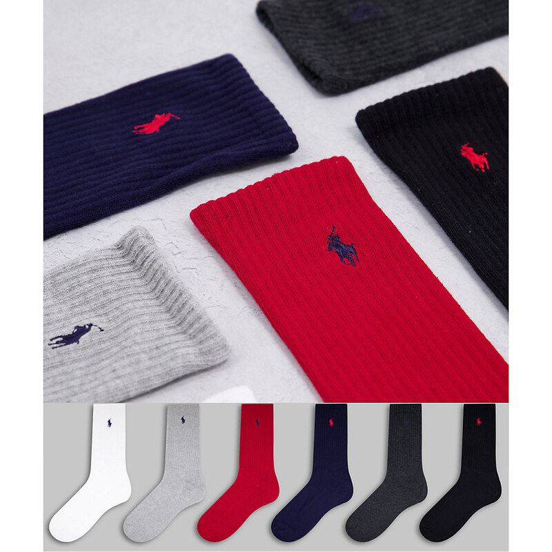 Polo Ralph Lauren - Confezione da sei paia di calzini sportivi in nero, rosso, blu navy, grigio, bianco con logo-Multicolore