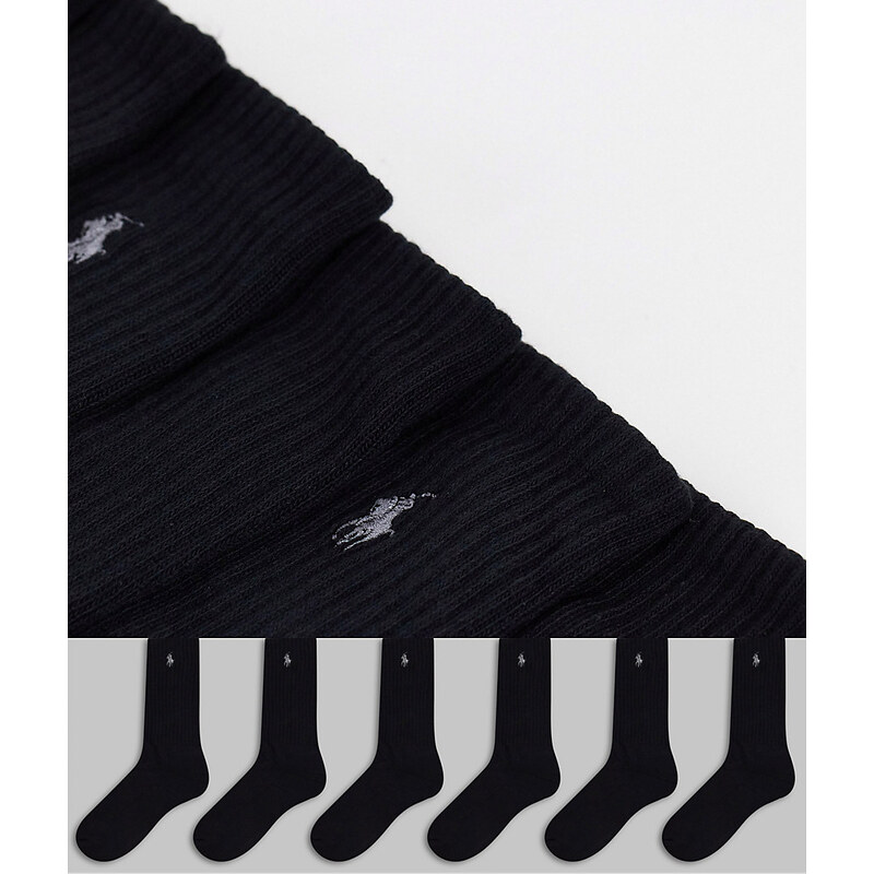 Polo Ralph Lauren - Confezione da 6 paia di calzini sportivi neri con logo del pony-Nero