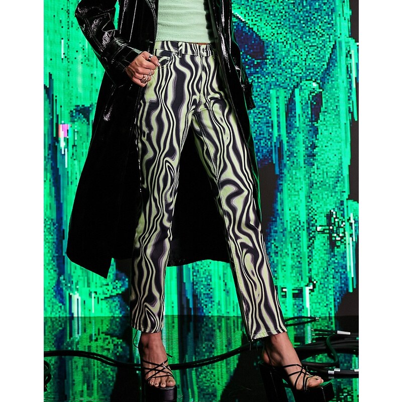 ASOS DESIGN - Jeans dritti a vita medio alta in stile anni '90 verdi con stampa astratta-Multicolore