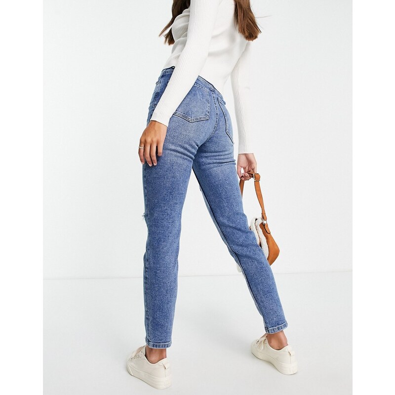 Stradivarius Tall - Mom jeans slim elasticizzati con strappi, colore blu medio