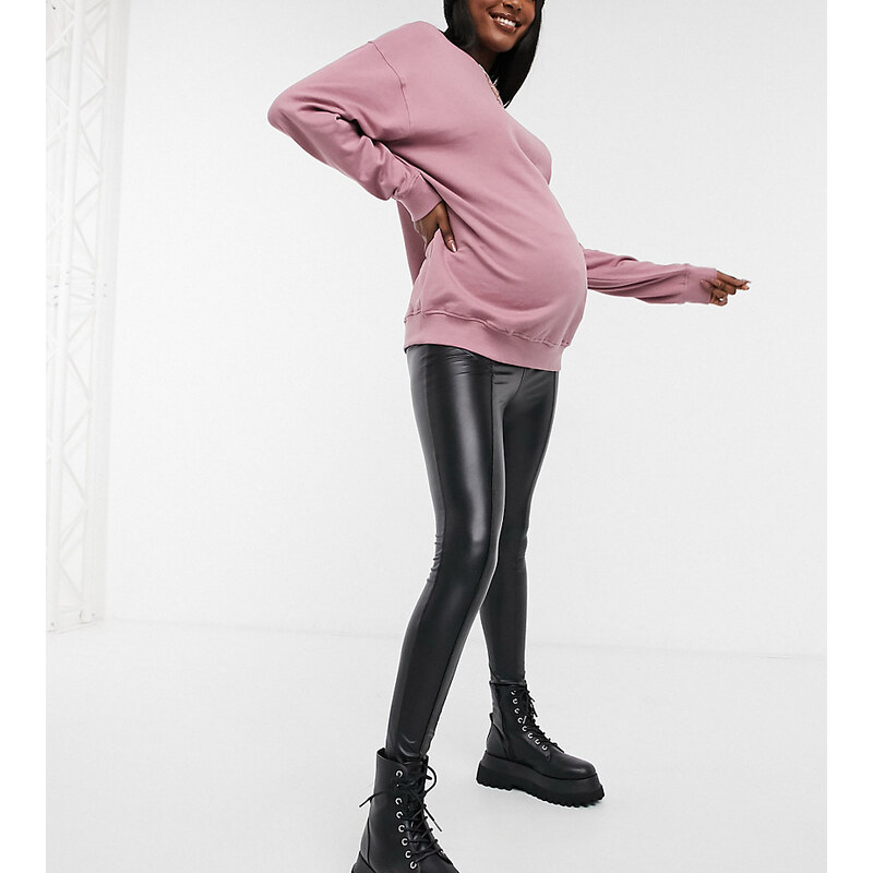 New Look Maternity - Leggings neri in pelle sintetica con fascia sul pancione-Nero