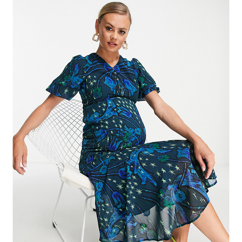Hope & Ivy Maternity - Vestito midi da giorno con maniche a sbuffo color cobalto con stampa a stelle-Blu