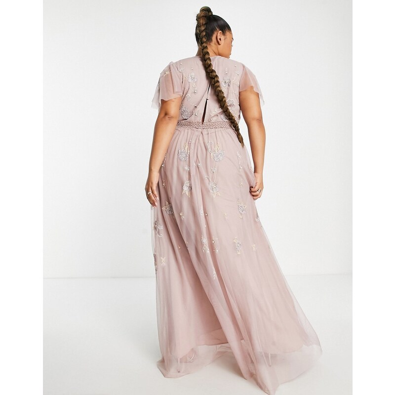 ASOS Curve ASOS DESIGN Curve - Vestito lungo da damigella con maniche con volant rosa decorato con perline e ricami di fiori