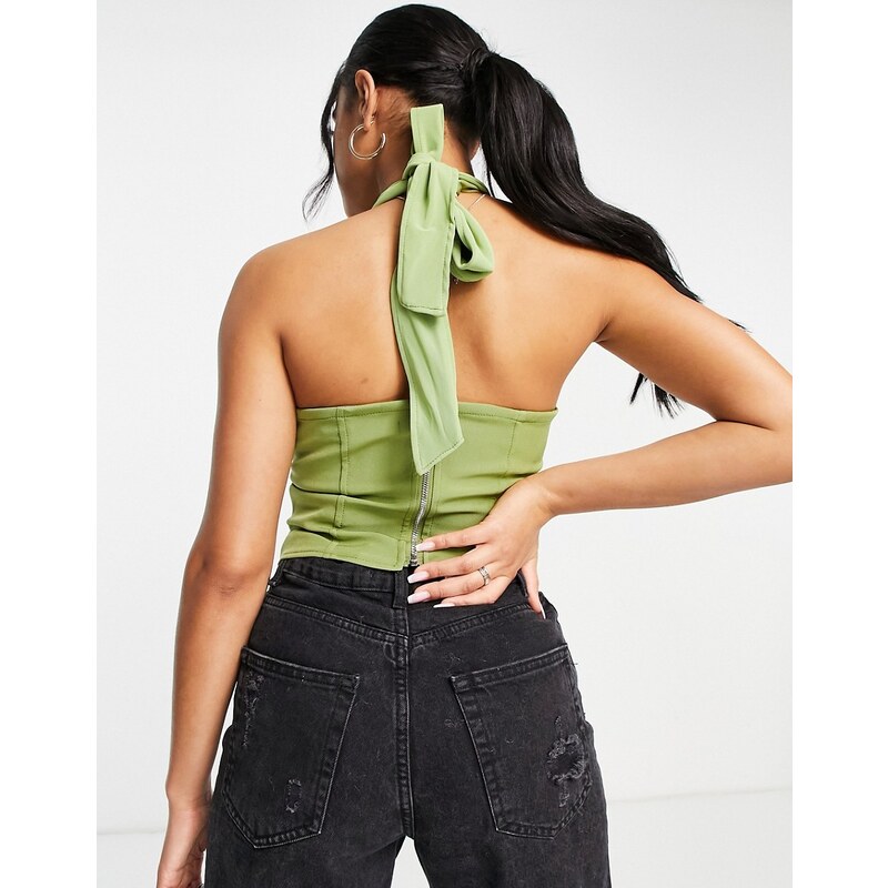 Missguided - Top allacciato al collo con corsetto in rete color salvia-Verde
