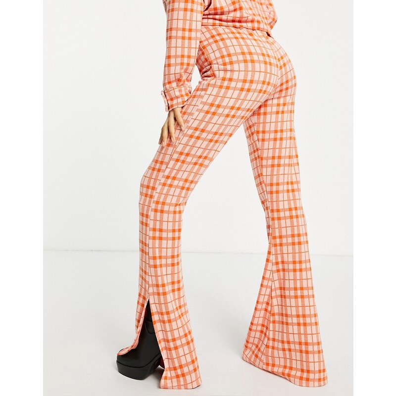 ASOS Petite ASOS DESIGN Petite - Pantaloni da abito a zampa in jersey arancione a quadri con spacchi laterali-Multicolore
