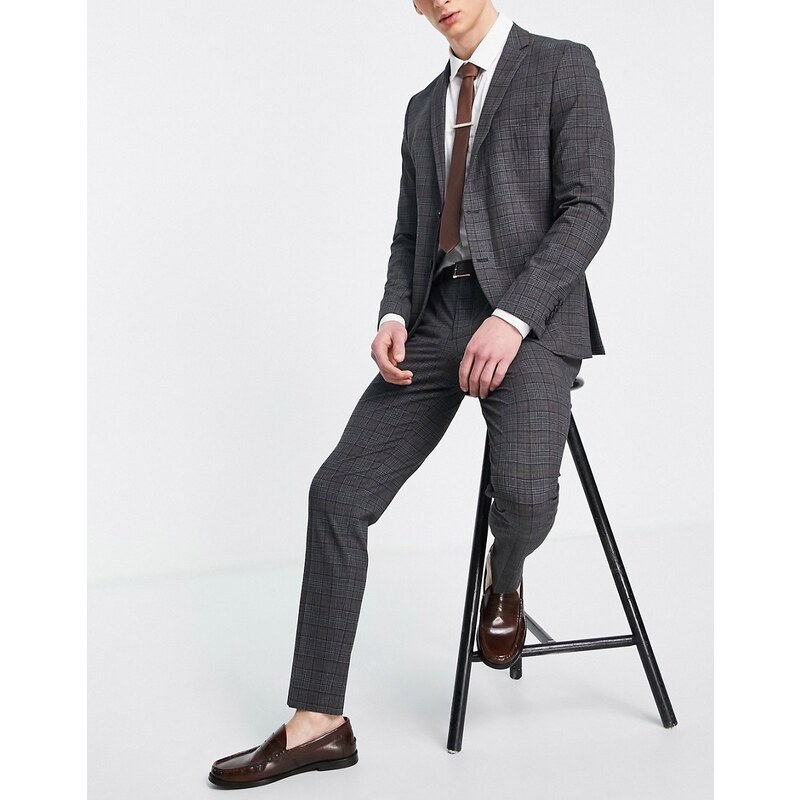 Selected Homme - Pantaloni slim a quadri grigio scuro