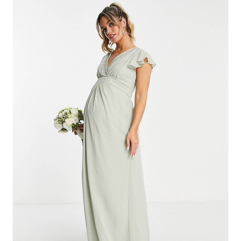 TFNC Maternity - Vestito lungo da damigella salvia chiaro con maniche a volant-Verde