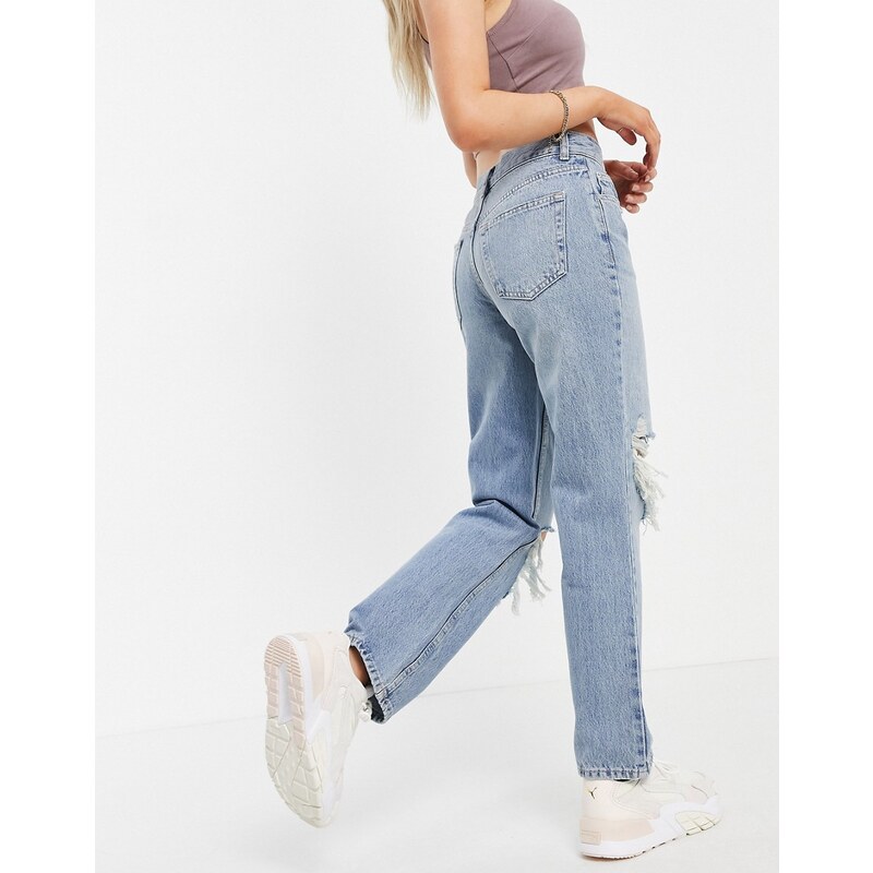 ASOS Petite ASOS DESIGN Petite - Jeans dritti anni '90 a vita medio alta lavaggio chiaro con strappi-Blu