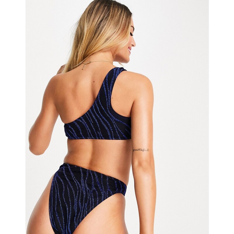 South Beach - Top bikini monospalla nero/blu zebrato con paillettes