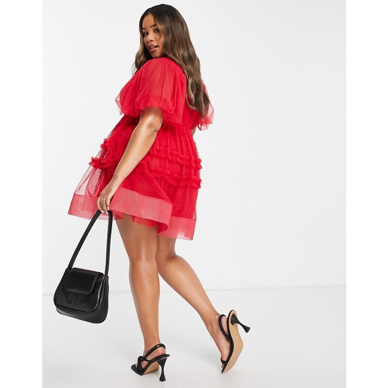 Lace & Beads Plus - Vestito corto a balze rosso con scollo profondo sul davanti