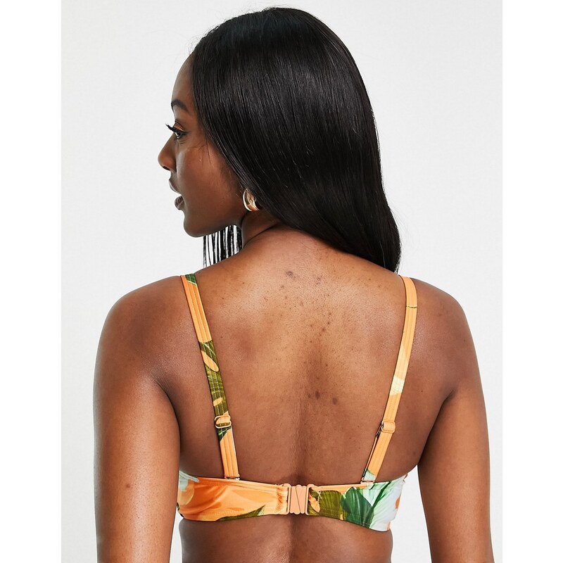 Figleaves Coppe Grandi - Top bikini senza spalline color ruggine con stampa tropicale-Marrone