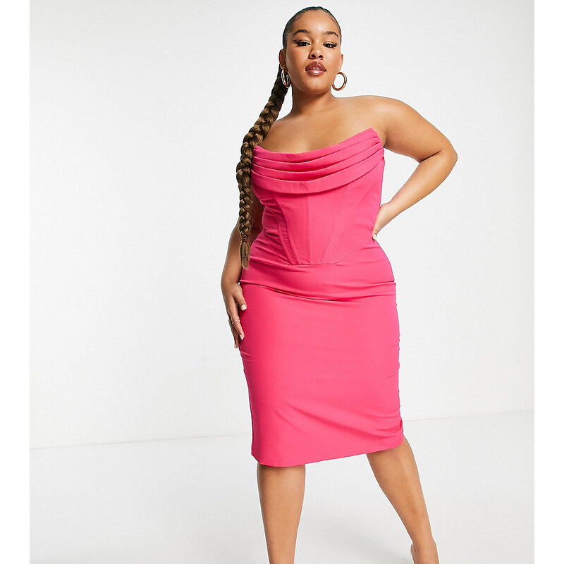 Lavish Alice Plus - Vestito midi rosa magenta con scollo ad anello e dettaglio a corsetto