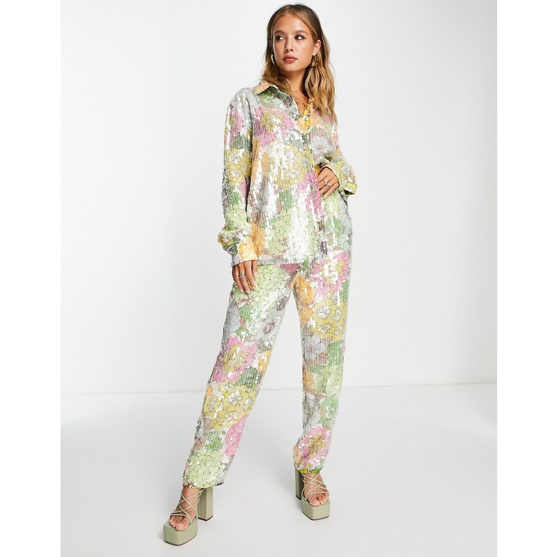 ASOS Edition - Camicia oversize con paillettes a fiori-Multicolore