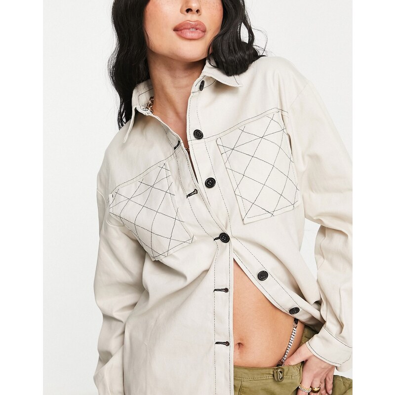 Missguided - Camicia con dettagli con cuciture a contrasto, colore crema-Bianco