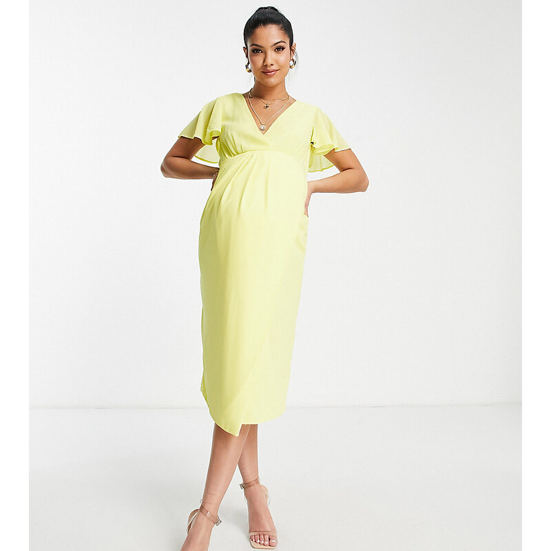 TFNC Maternity - Vestito midi da damigella avvolgente in chiffon giallo limone con maniche con volant