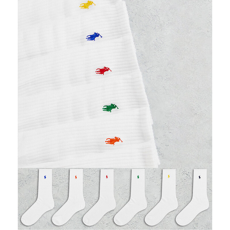 Polo Ralph Lauren - Confezione da 6 paia di calzini bianchi con logo multicolore-Bianco