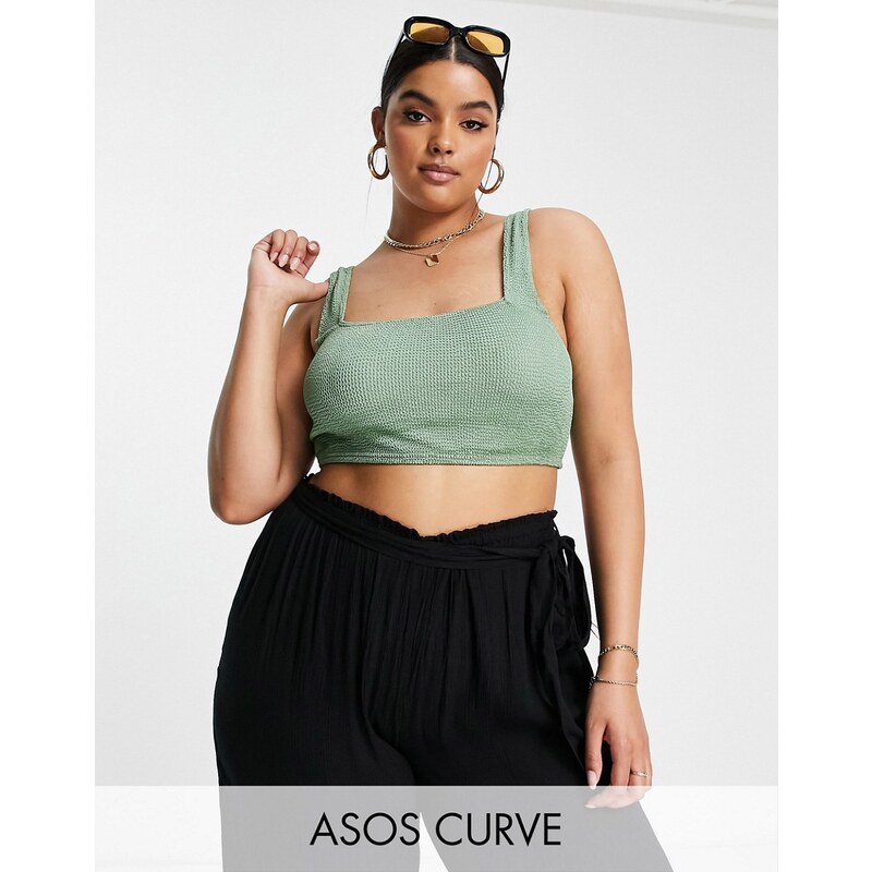 ASOS Curve ASOS DESIGN Curve - Mix and Match - Crop top bikini in tessuto stropicciato kaki con scollo quadrato-Verde