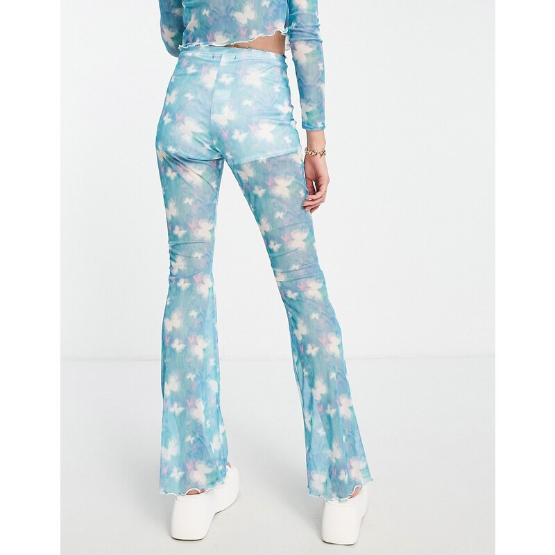 Daisy Street - Pantaloni a zampa a vita alta con fondo smerlato in rete con motivo con farfalle in coordinato-Blu