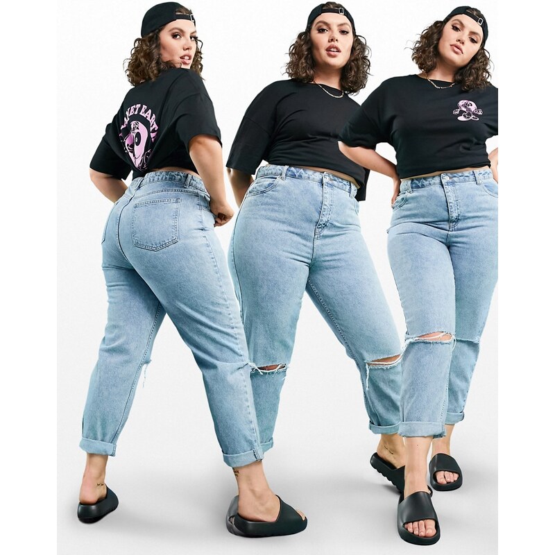 ASOS Curve ASOS DESIGN Curve - Original - Mom jeans a vita alta lavaggio chiaro con strappi-Blu