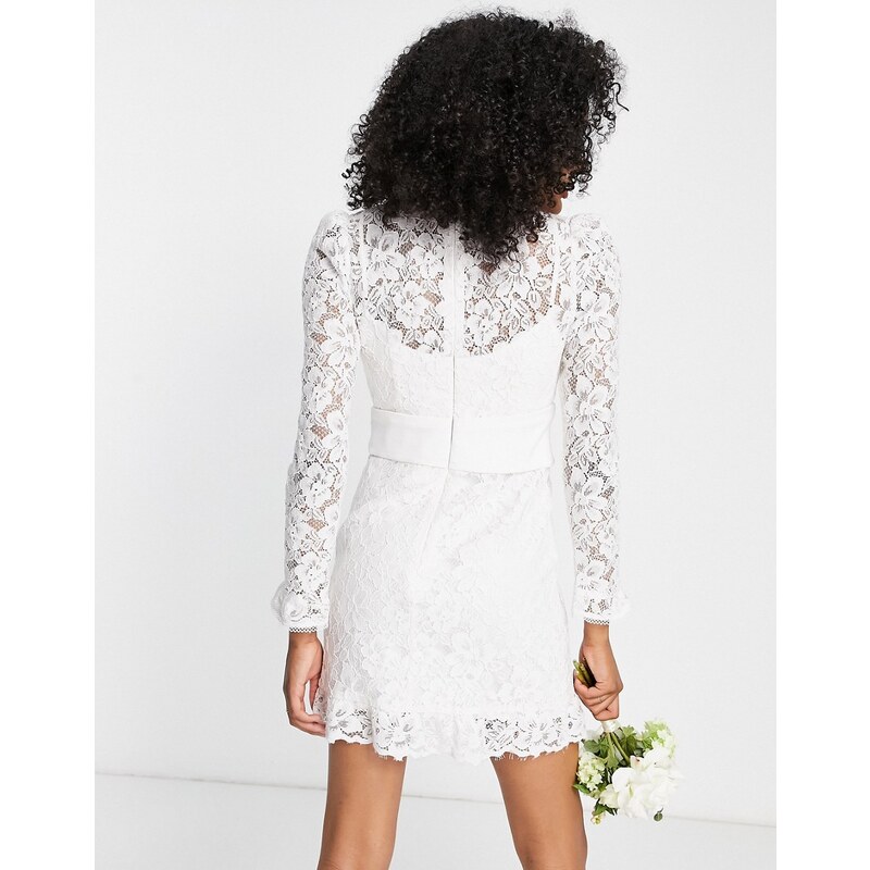 Forever New - Vestito corto da sposa in pizzo color avorio con fiocco in raso in vita-Bianco