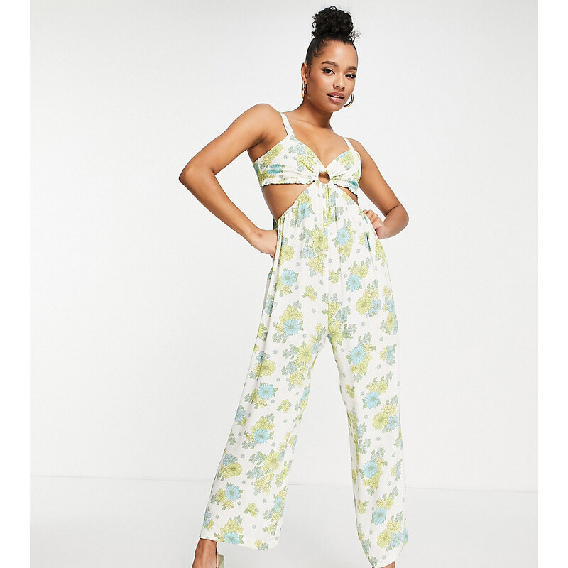 Miss Selfridge Petite - Tuta jumpsuit con cut-out e fondo ampio, colore verde a fiori