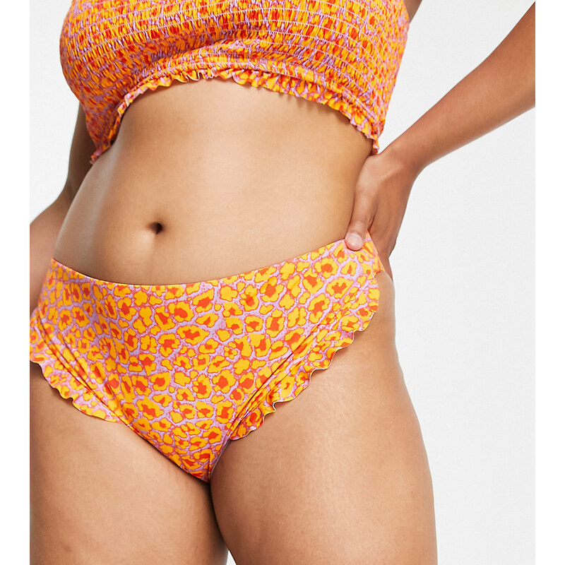Vero Moda Curve - Slip bikini a vita alta con stampa arancione e lilla-Multicolore