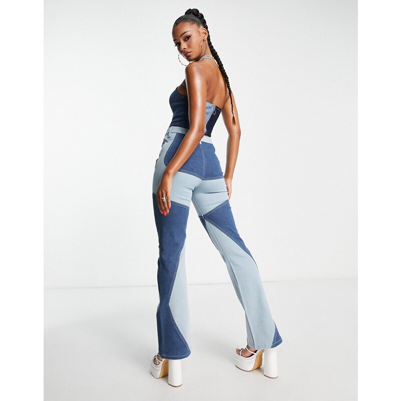 Fashionkilla - Jeans a zampa blu patchwork anni '90-Multicolore