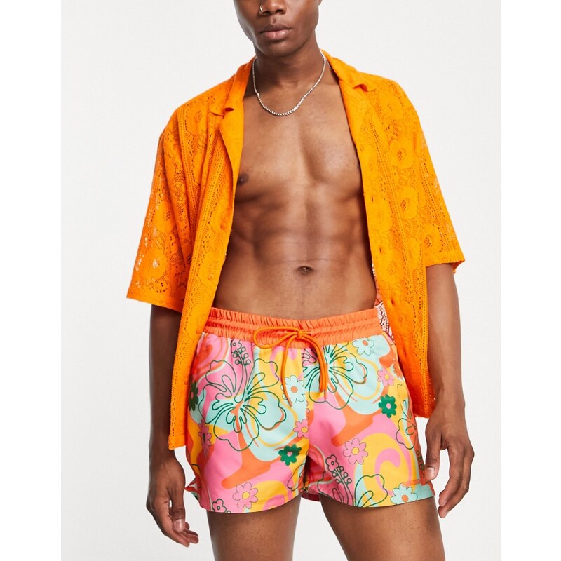 Reclaimed Vintage Inspired - Pantaloncini da bagno stile runner a fiori rétro-Multicolore
