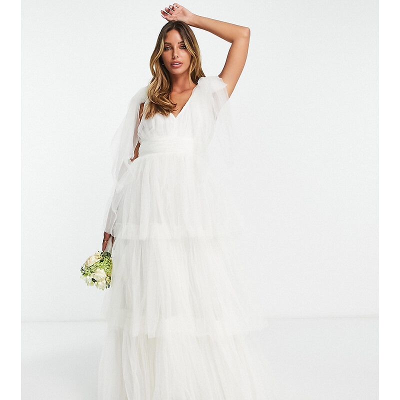 Lace & Beads - Vestito lungo da sposa in tulle color avorio con vita arricciata-Bianco