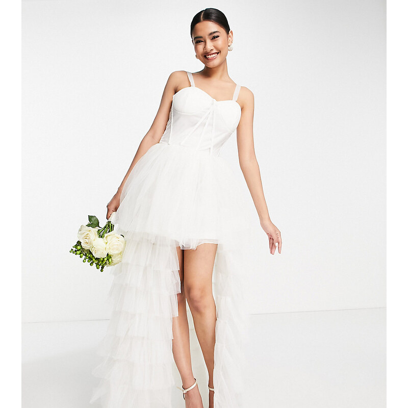 Lace & Beads - Vestito da sposa lungo asimmetrico con corsetto in tulle color avorio-Bianco