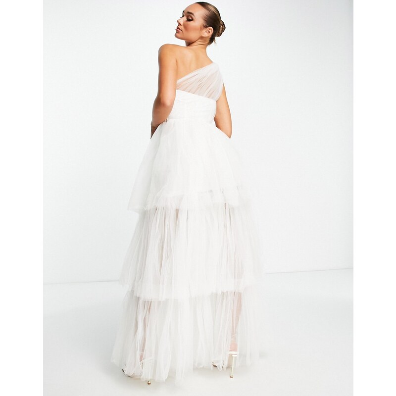 Lace & Beads - Vestito lungo da sposa in tulle trasparente monospalla color avorio-Bianco
