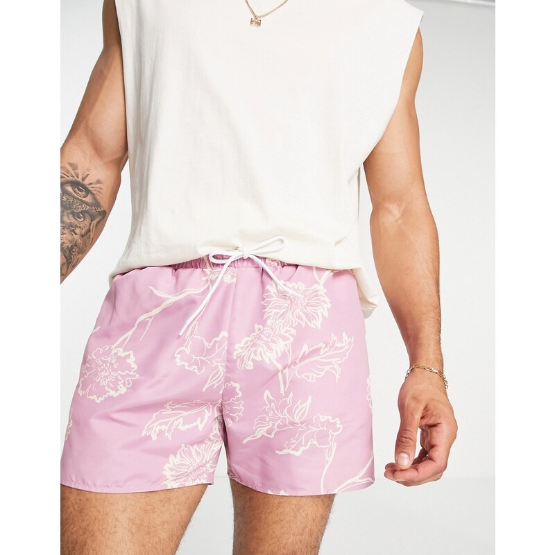 Topman - Pantaloncini da bagno rosa a fiori-Multicolore