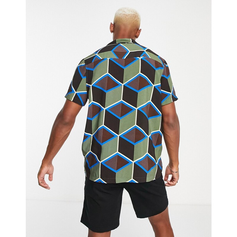 ASOS DESIGN - Camicia comoda con stampa geometrica grande e rever-Blu