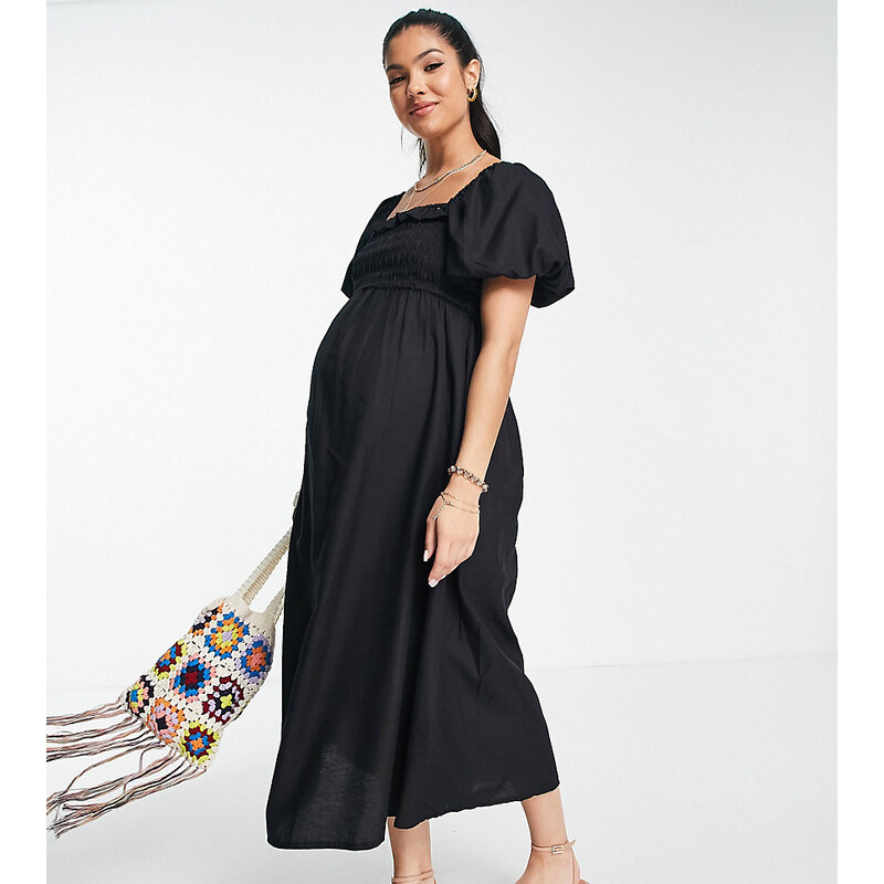 New Look Maternity - Vestito midi nero con arricciature e maniche a sbuffo