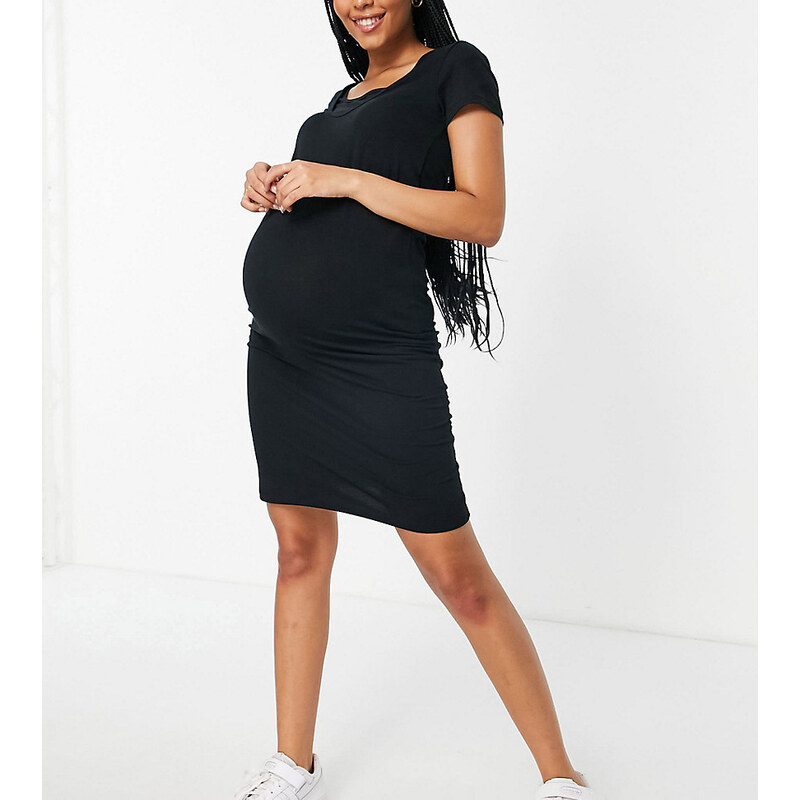 Mama.licious Mamalicious Maternity - Vestito corto fasciante per l'allattamento in misto cotone nero - BLACK
