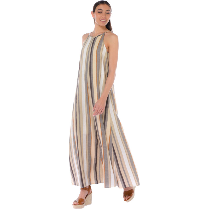 Abito Donna Estivo A Righe Con Maniche Corte - Scollo A V, Vita Alta | Tessuto In Poliestere, Stile Casual - Foto 11