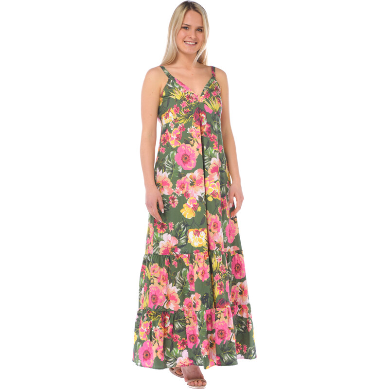 Abito Lungo Donna Stampa Floreale Senza Maniche - Scollo A V, Vestito Estivo Elegante Per Spiaggia E Vacanze - Foto 2