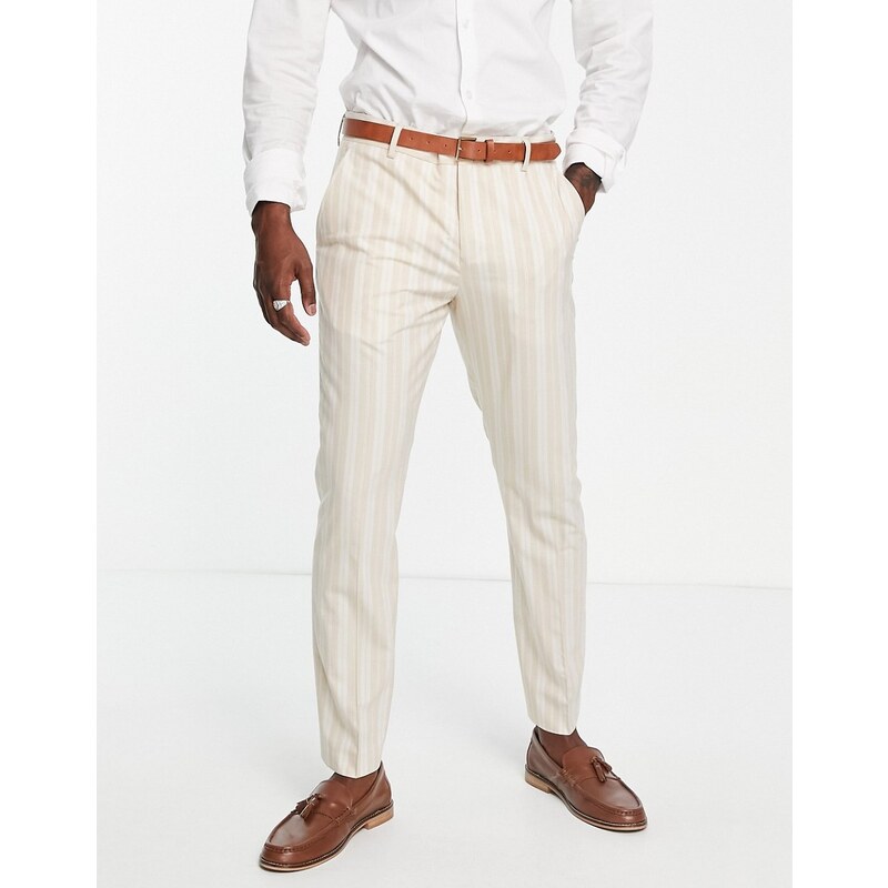 Selected Homme - Pantaloni da abito slim beige a righe estive-Neutro