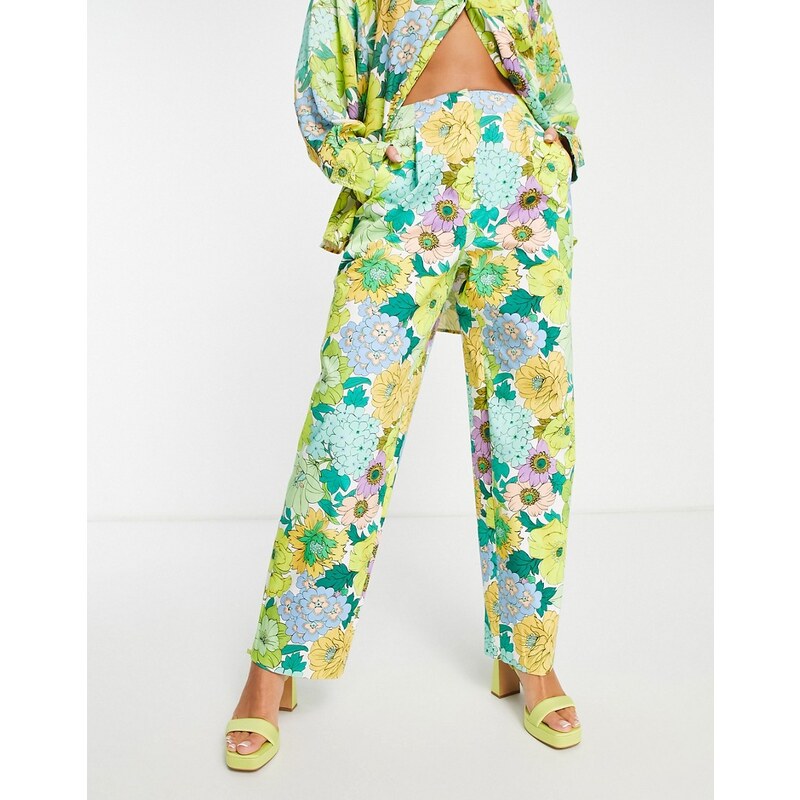 ASOS EDITION - Pantaloni affusolati in cotone con stampa a fiori stile rétro-Multicolore