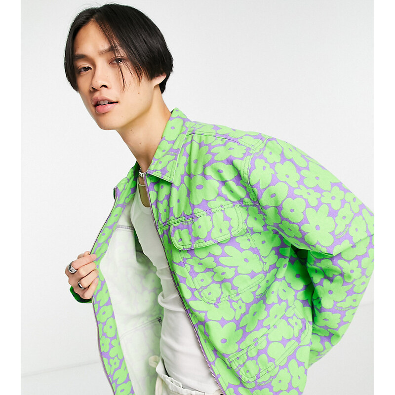 COLLUSION - Camicia giacca verde chiaro a fiori in twill in coordinato
