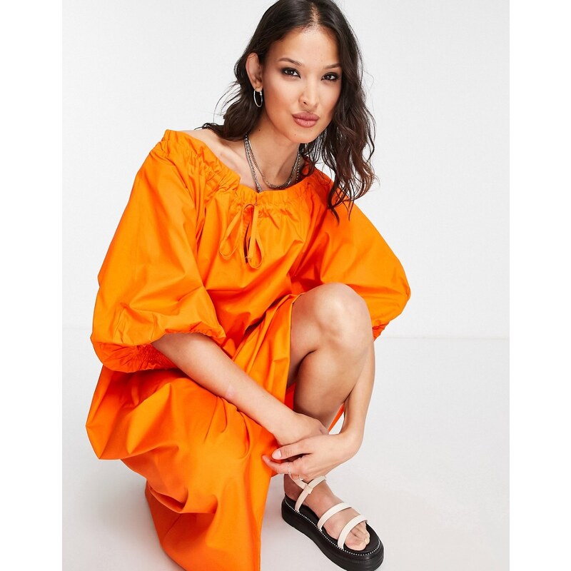 Object - Vestito midi in cotone arancione con maniche a sbuffo