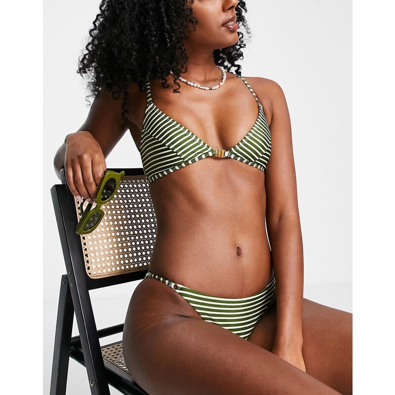 Topshop - Top bikini a triangolo kaki a righe con gancetto sul davanti-Verde