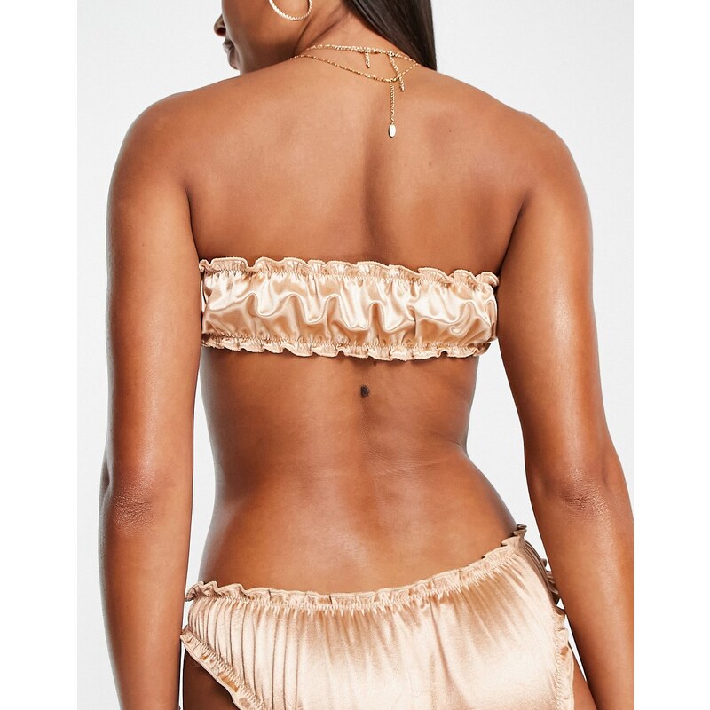 ASOS DESIGN - Gleam - Top bikini a fascia arricciato color champagne con apertura a goccia-Oro