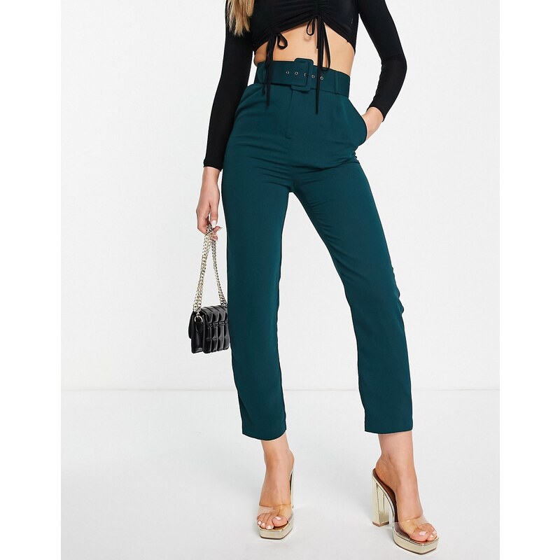 Style Cheat - Pantaloni sartoriali a vita alta color smeraldo con fibbia-Verde