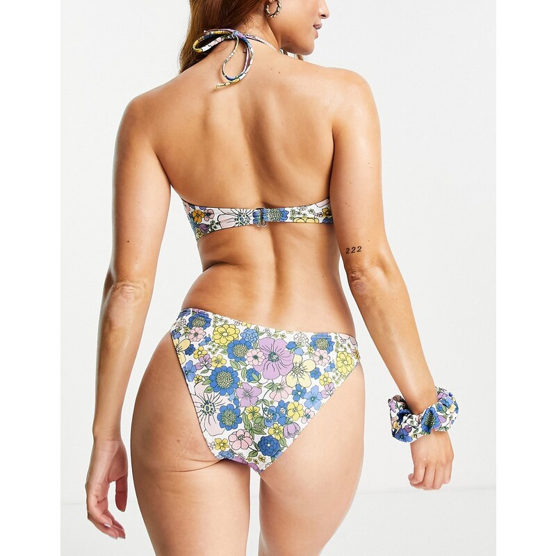 Topshop - Top bikini rétro a fiori con apertura a goccia ed elastico per capelli-Multicolore